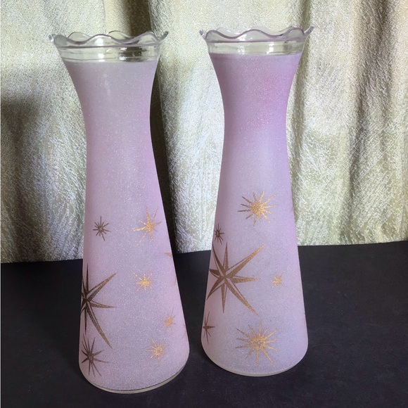 Rare atomic gold stars pink sugar glass vase pair with flared scalloped tops - Picture 4 of 13
